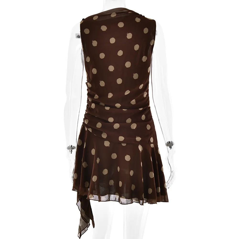 JULISSA MO Chiffon Print Polka Dot Ruched Women Dress Coffee Sleeveless High Waist Dress Spring Slim Elegant Party Club Outfits