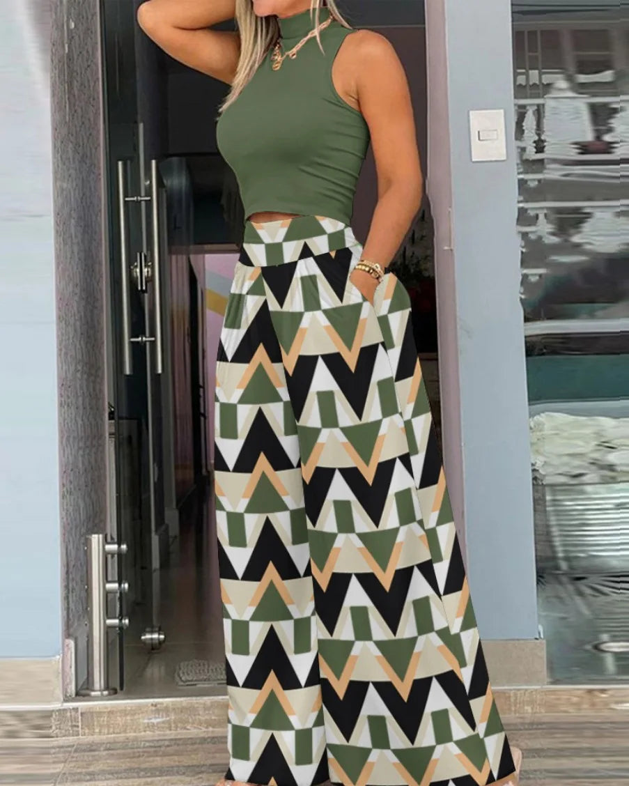 Fashions Two Piece Set Women Cropped Tight Solid Color Sleeveless Tops Loose Printed High Waist Wide Legs Trousers Suits MsChuh