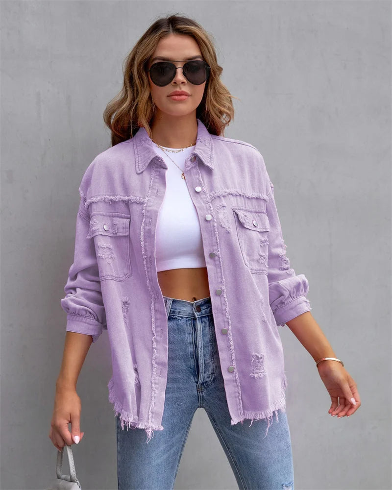 Raw-edges Denim Jacket Women Spring Autumn Shirt Style Jeans coat Casual Top Rose-Red Orange Purple Outerwear Lady Coat
