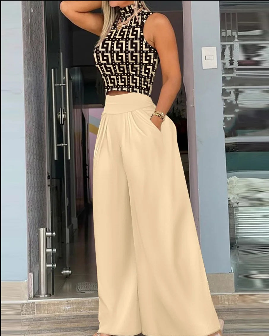 Fashions Two Piece Set Women Cropped Tight Solid Color Sleeveless Tops Loose Printed High Waist Wide Legs Trousers Suits MsChuh