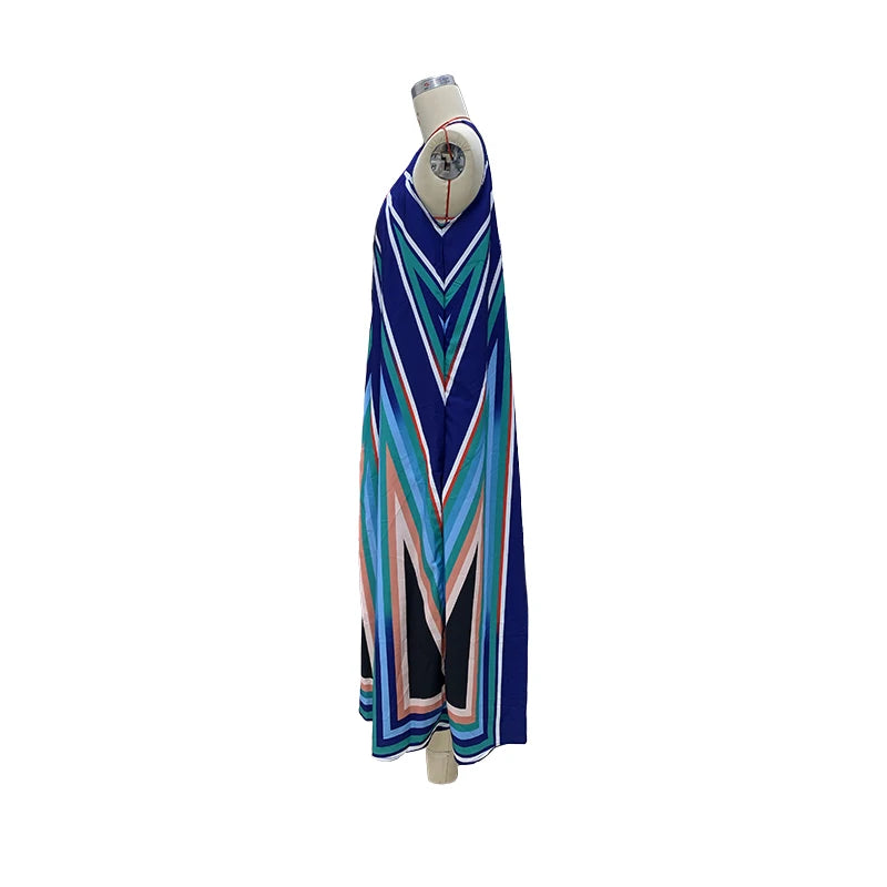 Bohemian Long Dress Women Sleeveless Casual Print Big Hem Summer Pleated Holiday Beach Loose Halter Beach Sundress