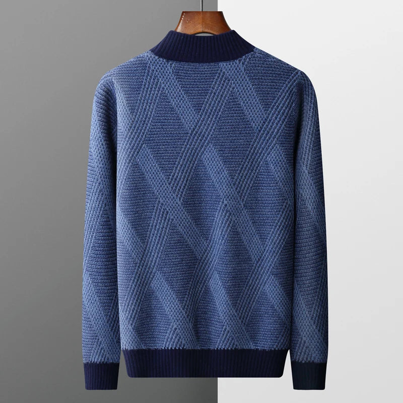 100% wool men's semi-high collar seats with jacquard stripes for business and leisure double-stranded thick sweater knitted coat