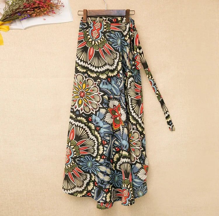 High Waist Long Skirt Wrap Dress Asymmetrical Hem Chiffon Floral Print Belted Midi Skirt for Short Women Summer Dress