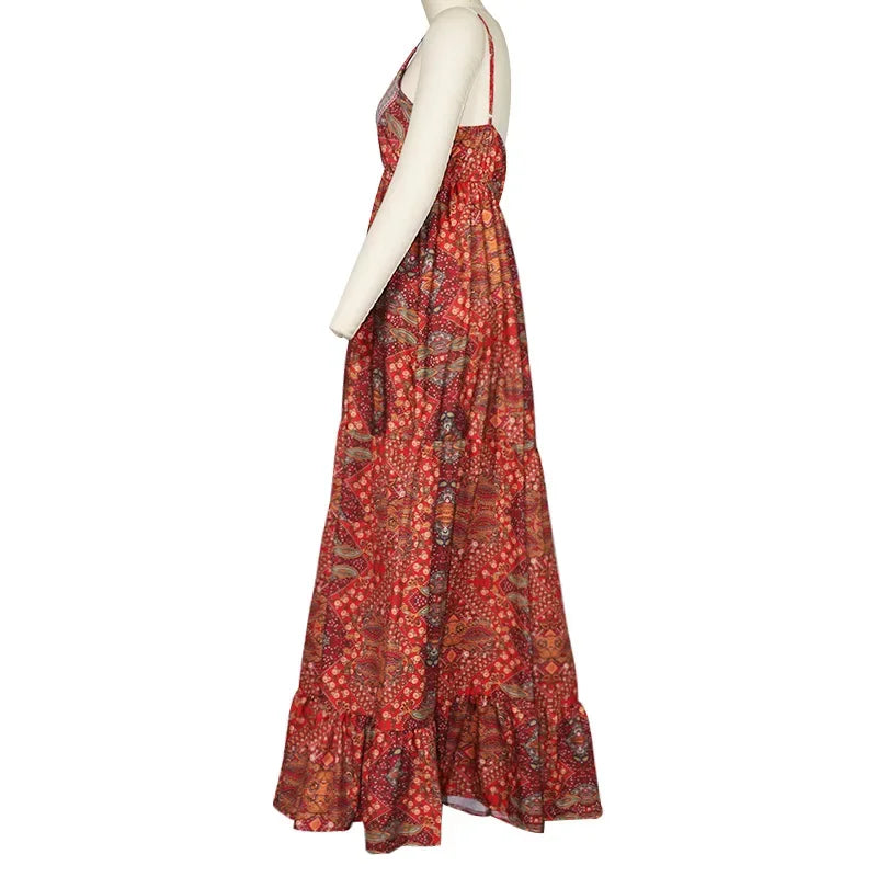 Vintage Printed Bohemian Women V-Neck Party Long Dresses Beach Elegant Sleeveless Spaghetti Strap Sexy Maxi Sundress