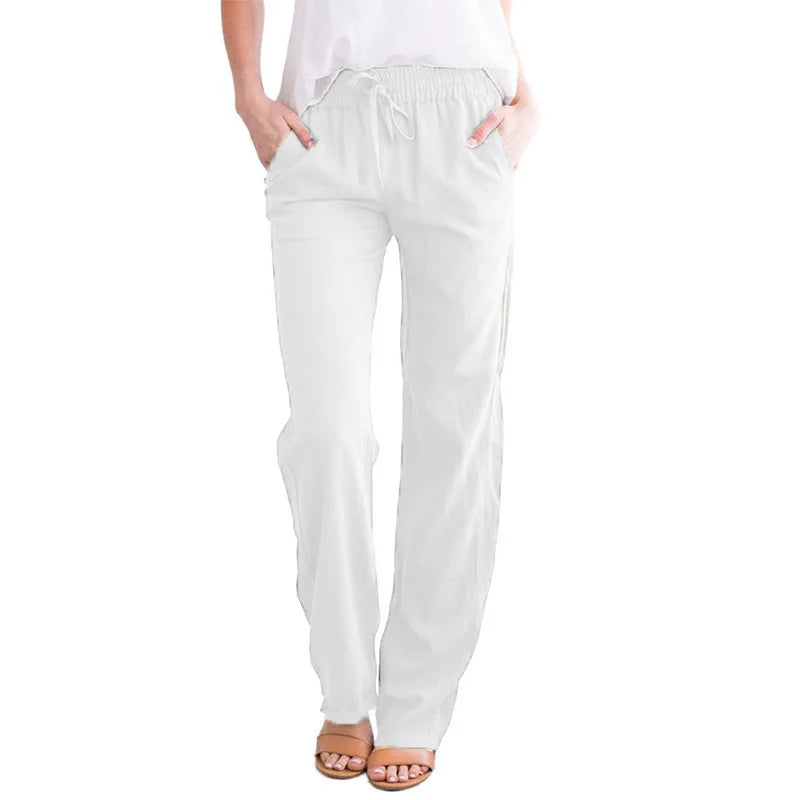 Women's Summer Cotton Hemp Drawstring Loose Relaxed Wide Leg Pants Trouser