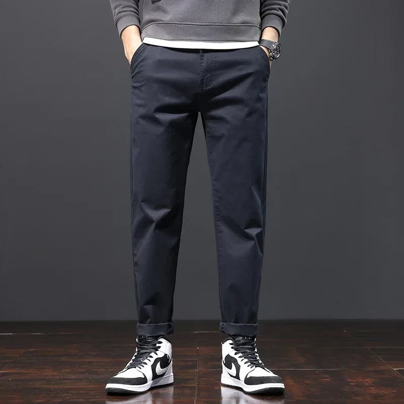 Stretched Casual Men Cotton Trousers Loose Pencil Chino Pants