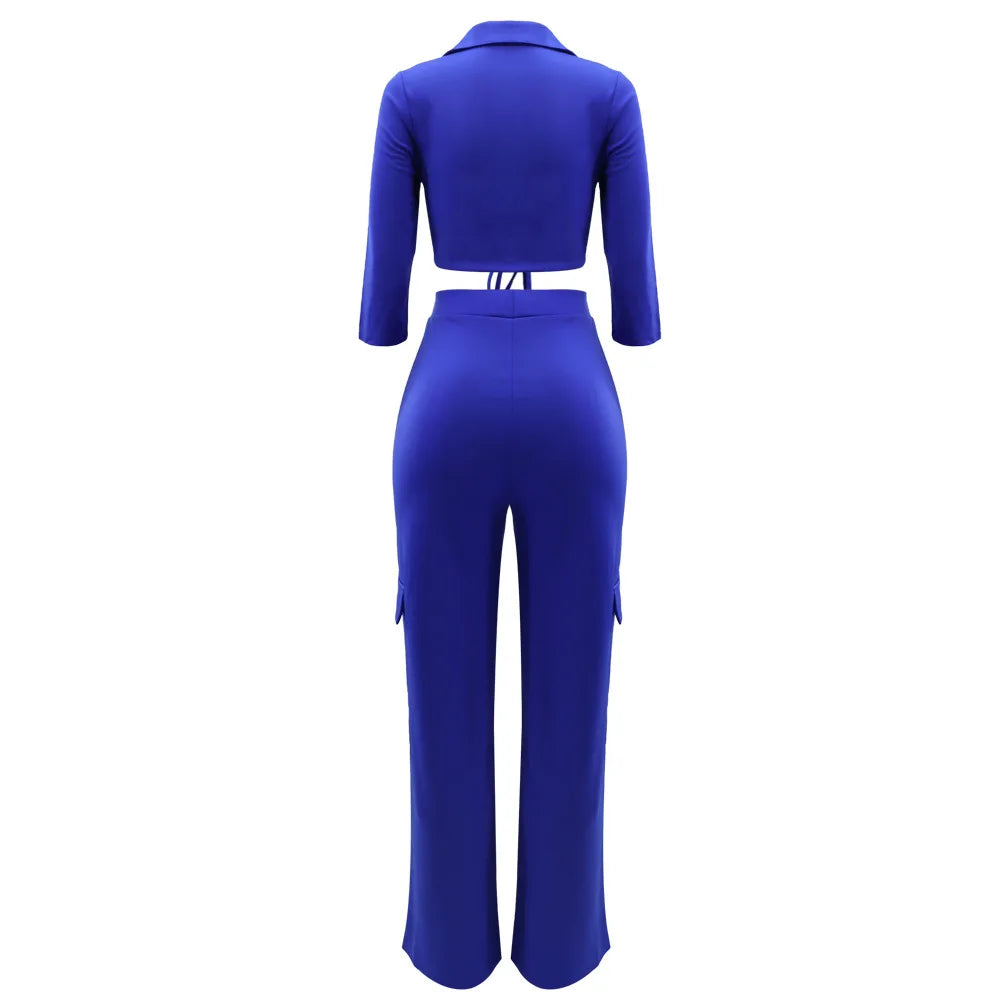Elegant Office Women Two Piece Short Shirt + Wide Leg Trousers Set