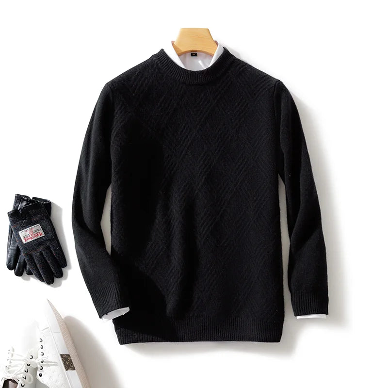 Autumn and winter round neck 100% wool sweater men's sweater with knitted warm base sweater, high-end top