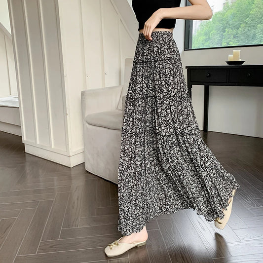 Korean Fashion Women Boho Floral Print Elastic High Waist Pleated A Line Maxi Skirts Summer Holiday Black Apricot Skirts Female