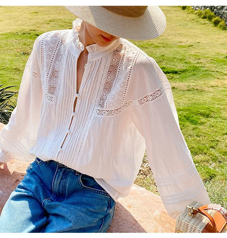 2025 Spring New Women's French White Shirt Splicing Lace Embroidery Design Ladies Shirt Long Sleeve Casual Holiday Beach Tops