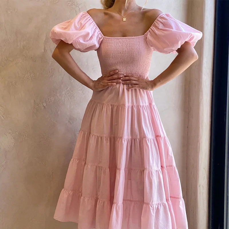 Women Off Shoulder Long Dress Summer Solid Color Short Puff Sleeve Slash Neck A-Line High Waist Mid-Calf Sundress