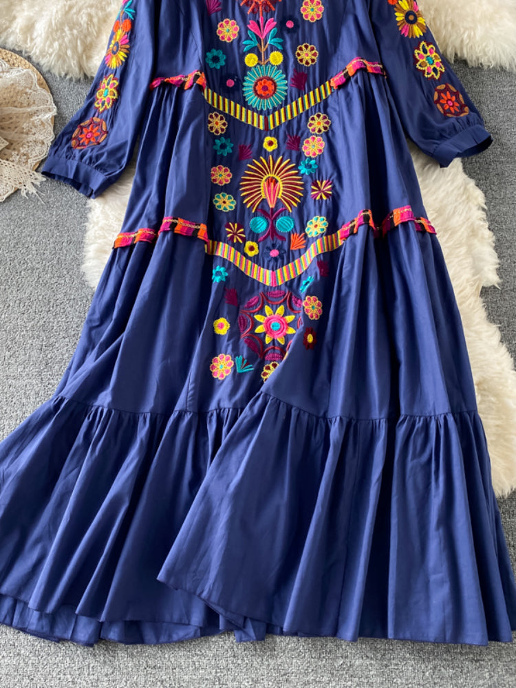 Vintage Chic Women Floral Embroidery Beach Bohemian Mini Dress Ladies Short Sleeve V-neck Cotton and Linen Boho Dresses Vestido