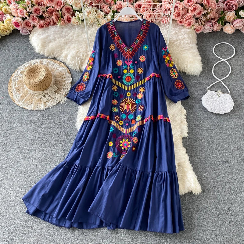 Vintage Chic Women Floral Embroidery Beach Bohemian Mini Dress Ladies Short Sleeve V-neck Cotton and Linen Boho Dresses Vestido