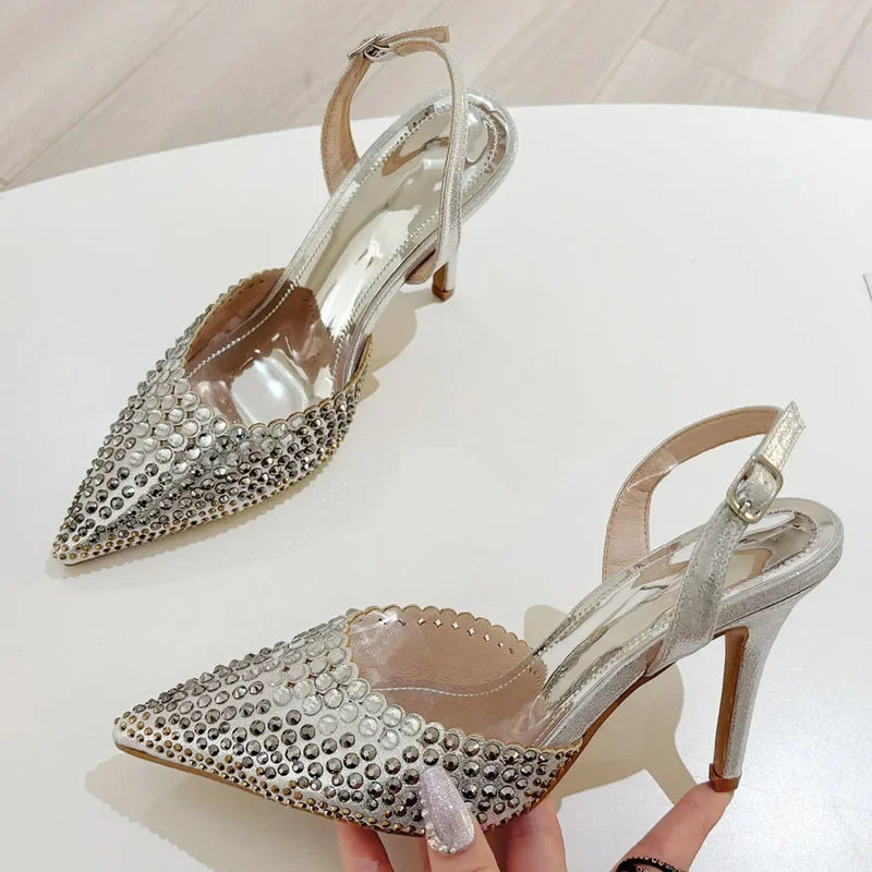 Sexy Crystal Rhinestone Pointed Toe Women Pumps Buckle Strap Street Thin Heels Prom Party Shoes Zapatillas De Mujer