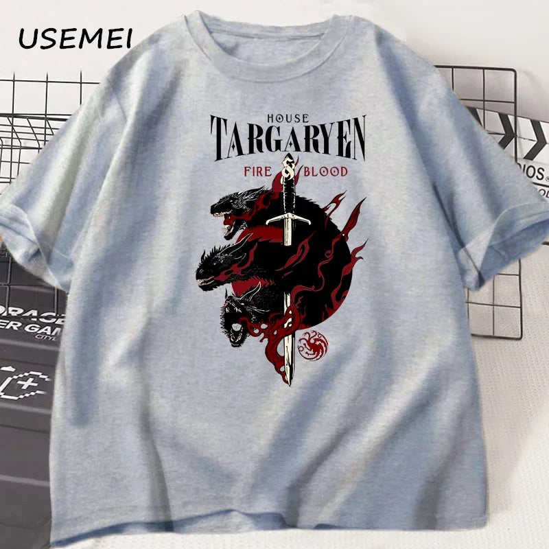 House Targaryen T Shirt Fire and Blood T-Shirt GOT Men Tshirt Cotton Fashion Short Sleeve Casual Printed Tee Shirt Streetwear