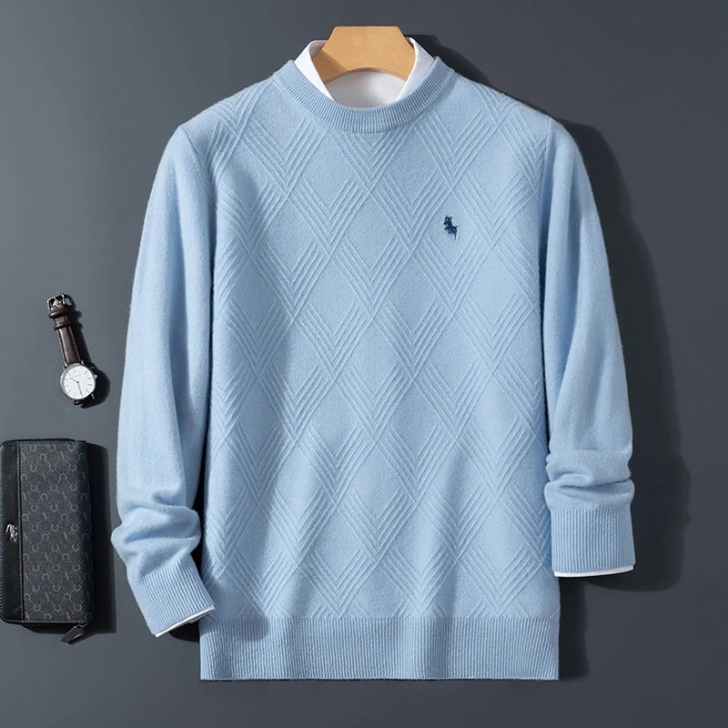 Autumn and winter round neck 100% wool sweater men's sweater with knitted warm base sweater, high-end top