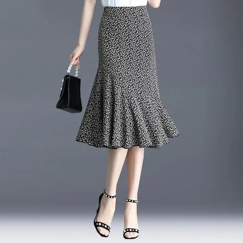 Elegant Printed Zipper Folds Chiffon Floral Skirts Women's Clothing 2024 Summer New Loose Office Lady High Waist Mermaid Skirts