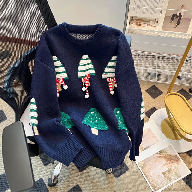 Women's Winter Round Neck Long Sleeve Casual Sweater Y2K High Street Hip Hop Christmas Tree 90S Retro Sweater Clothing 2025 New