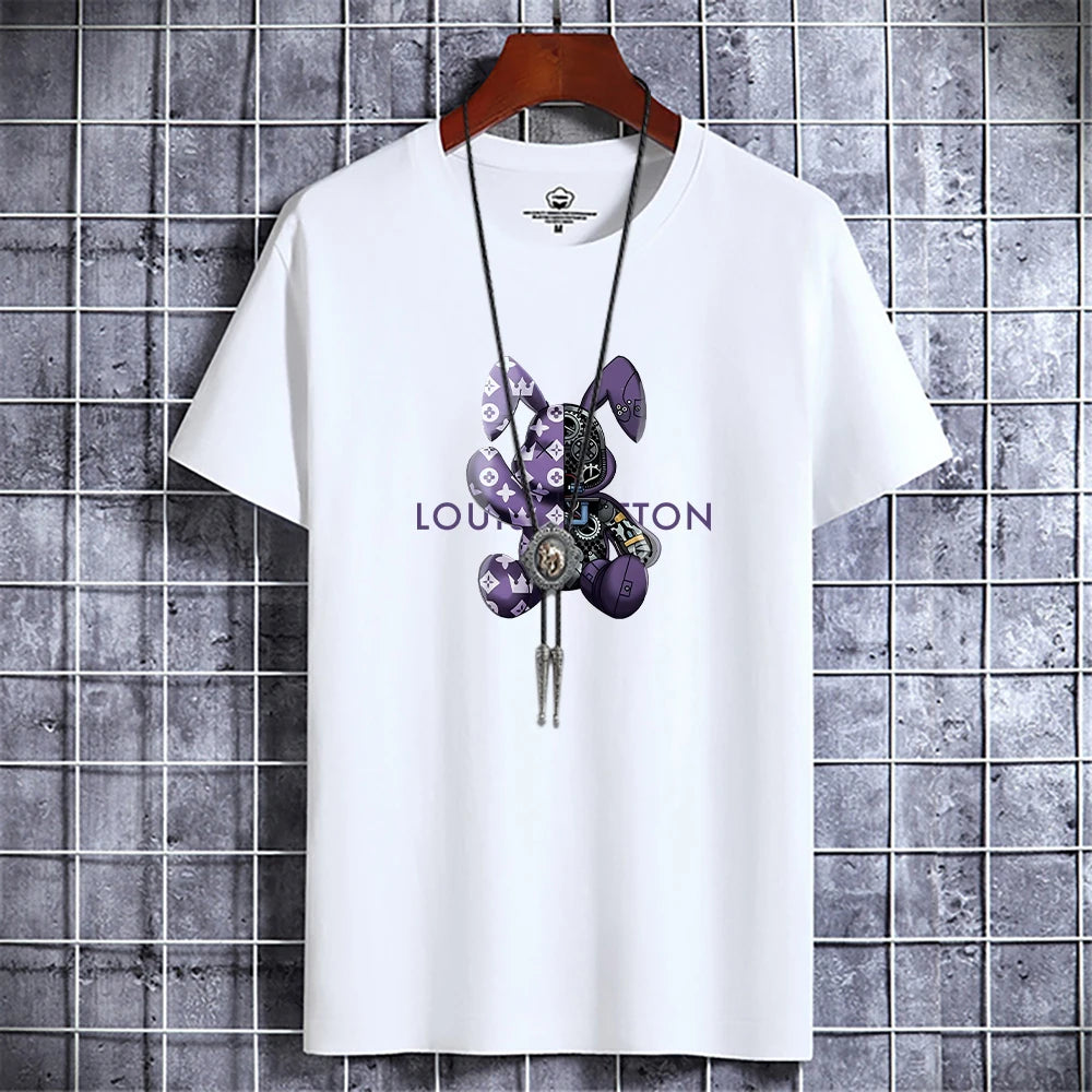Summer Men's Luxury Casual T-Shirt Retro Y2k Designer Short Sleeve Tees Male Vintage Cotton Trendy High Quality Bear Print Tops