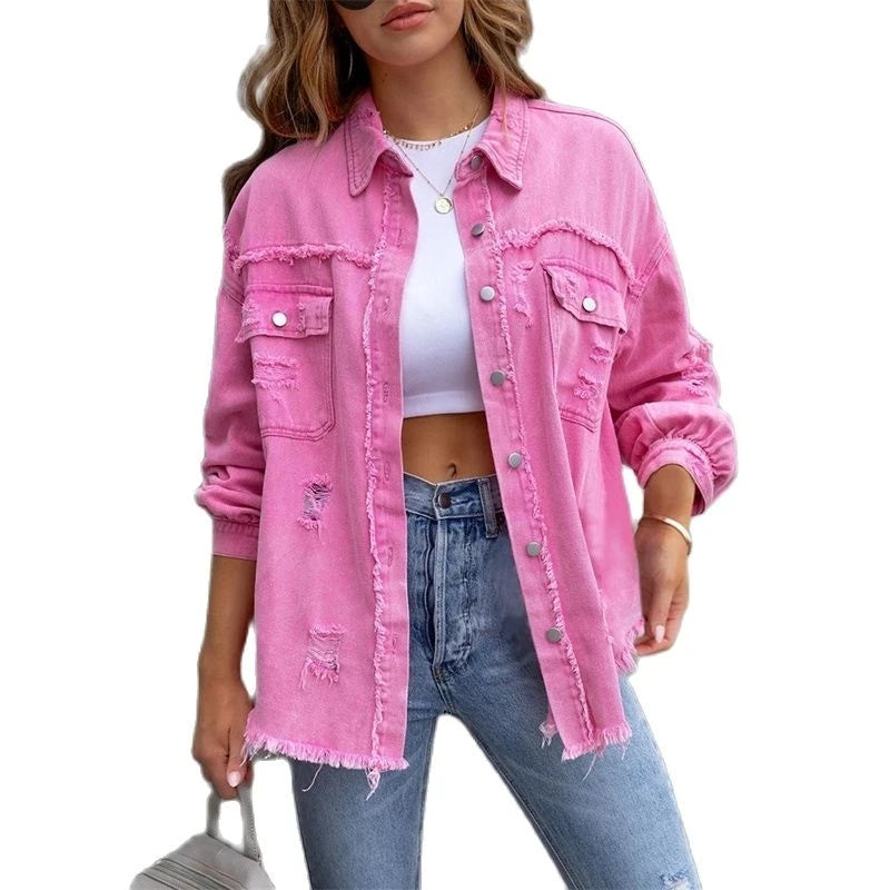 Raw-edges Denim Jacket Women Spring Autumn Shirt Style Jeans coat Casual Top Rose-Red Orange Purple Outerwear Lady Coat