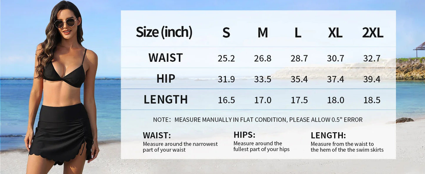 Anfilia Women Swimming Skirts Side Split Adjustable Drawstrings Scalloped Trim High Elastic Built In Brief Bikini Tankini Bottom