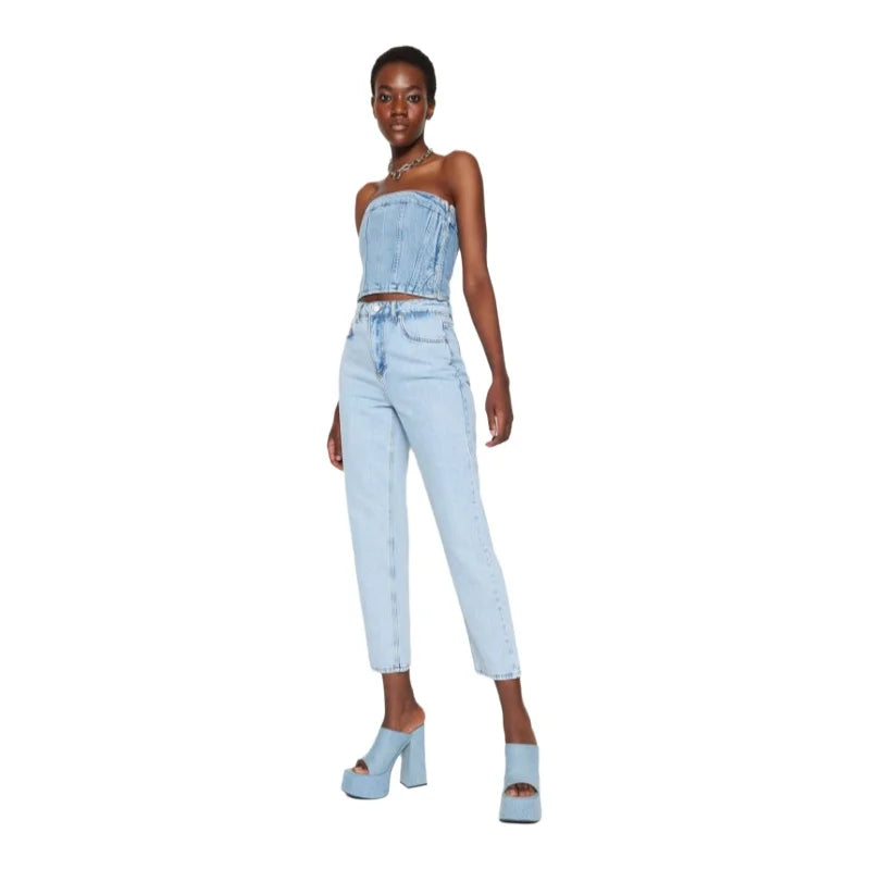 Women's Jeans Casual Double Side Pockets Beltless Denim Straight Leg Plain Zip fly Pants Fashion Clothing