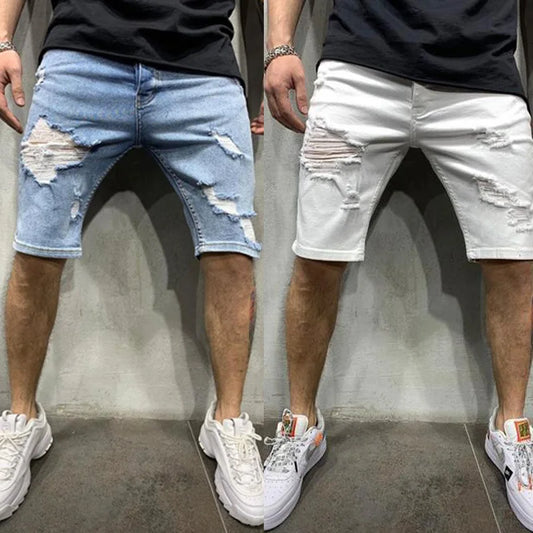Ripped tassel denim shorts New Summer Men's Personalized Washable Perforated Denim Pants Large Casual Middle Pants