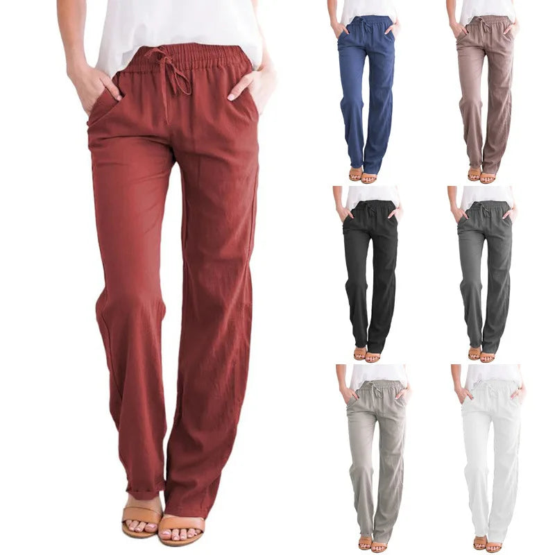 Women's Summer Cotton Hemp Drawstring Loose Relaxed Wide Leg Pants Trouser