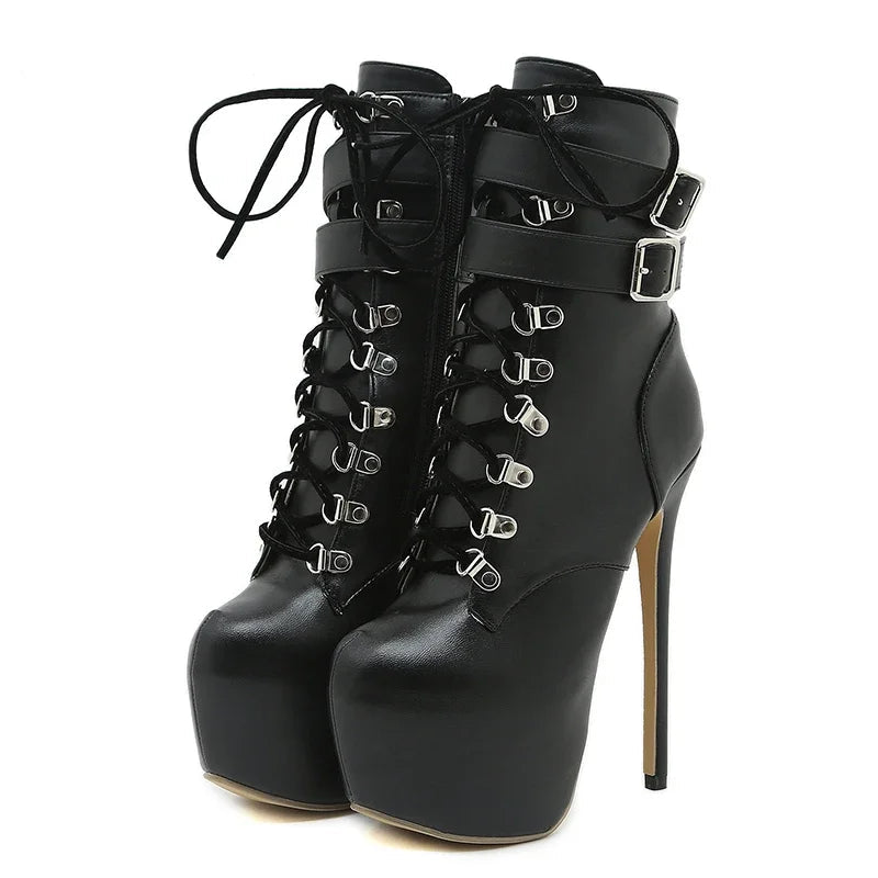 New Extreme Platform Boots Women For Autumn Winter Fashion Round Toe Thin Heels Ankle Strap Rivet Woman Boots
