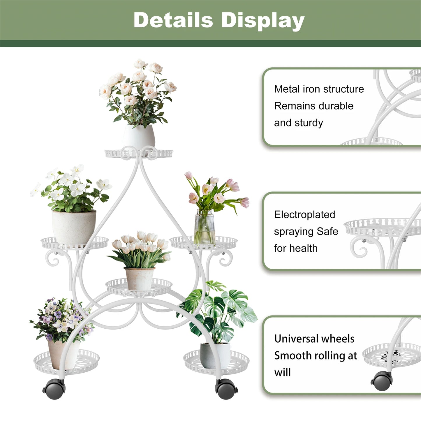 6 Potted Metal Plant Stand Garden Cart with Wheel for Living Room Balcony Garden Flower Pot Plant Holder Display Rack