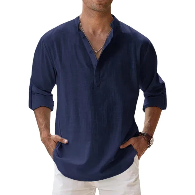 Men Cotton Linen Long Sleeve Casual Lightweight Henley Beach Hawaiian Shirt