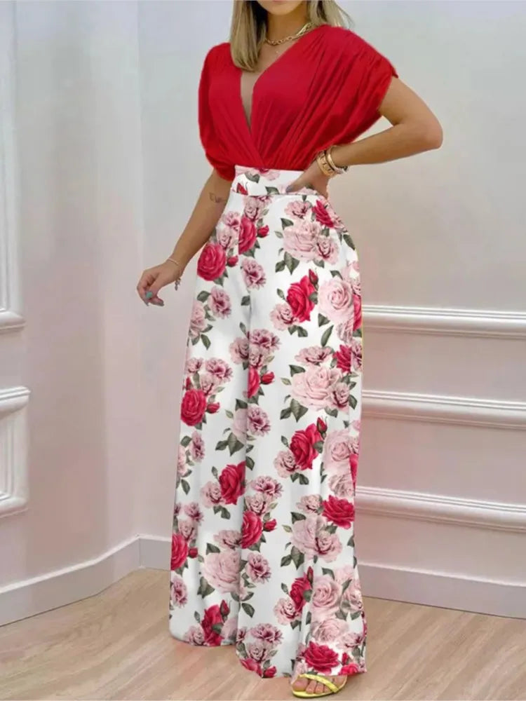Summer New Printed Pants Sets Women Fashion Raglan Sleeves V-neck Cropped Top High Waist Wide Legs Trousers Two Piece Set Female