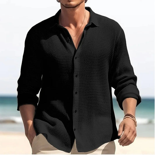 Men's Long-sleeved Shirt Waffle Spring Button Casual Fashion Black Top Street Cardigan 2025 New Blouses for Male