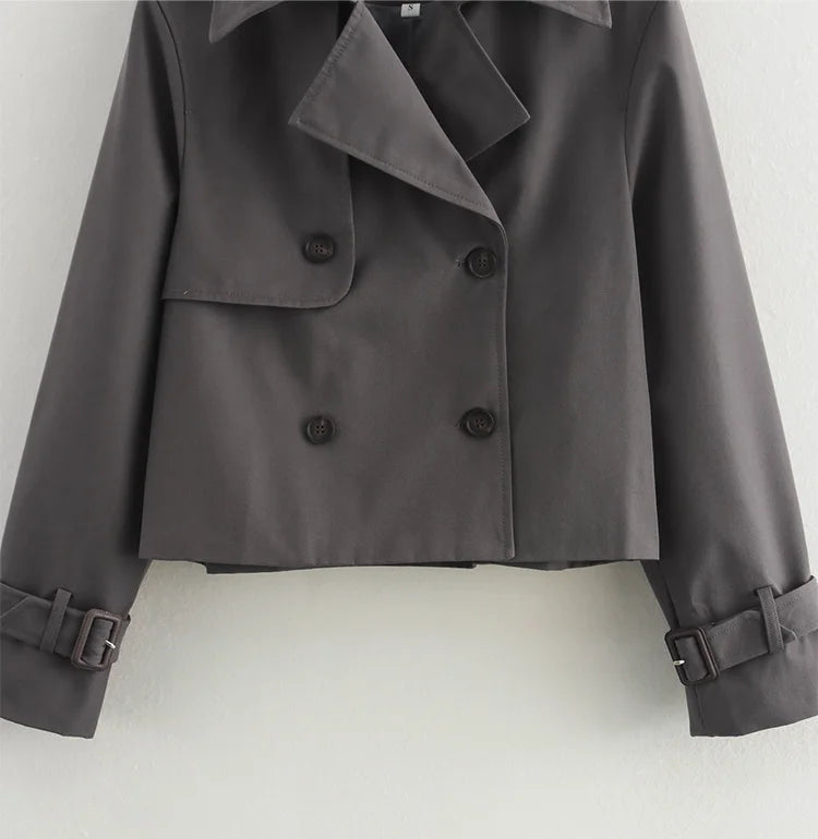 Women Vintage Casual Chic Solid Double Breasted Turn-down Collar Long Sleeve Short Coat Jackets