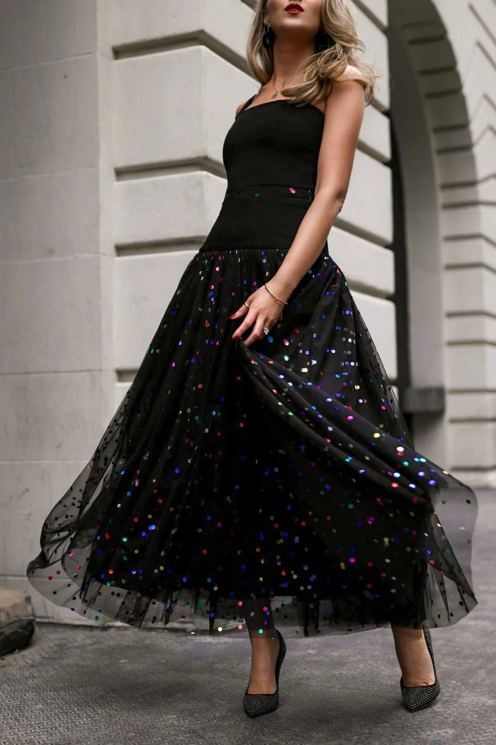 Sequin Mesh High Waist Skirt Plus Size Pleated A-Line High Street Elegant Wedding Guest Sweet Skirts 2024