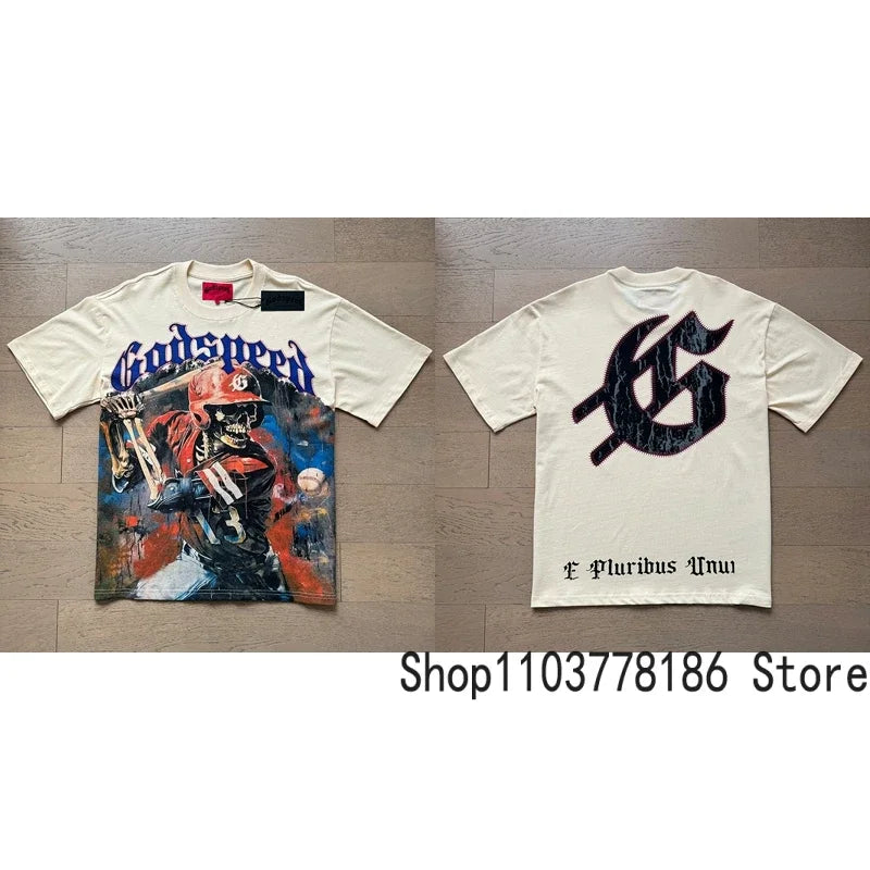 Classic White GOD SPEED T Shirts Letter Logo Seaside Holiday Scenery Print Godspeed Short Sleeve Unisex Tees Tops