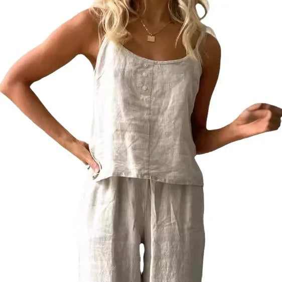 Cotton Linen Women's Suit Slip Vest Wide-leg Pants Suits Female Fashion Casual 2 Piece Sets Home Casual Clothes Ladies Sets 2025