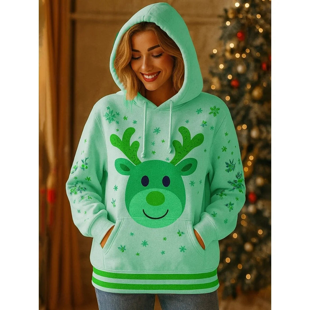 New Women's Pullover Hoodie Sweatshirt 3D Graphic Reindeer Casual Long Sleeve Hooded Regular Tops Wear Street Dailywear Clothing