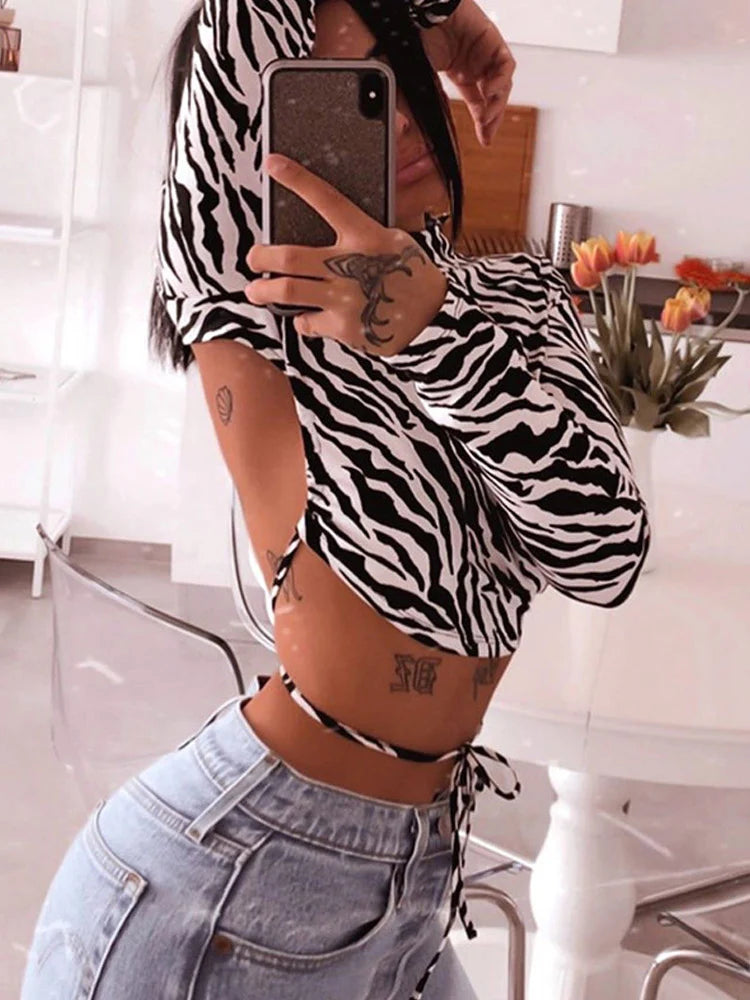 Animal Zebra Print Backless Cropped Sexy Streetwear Tops for Women