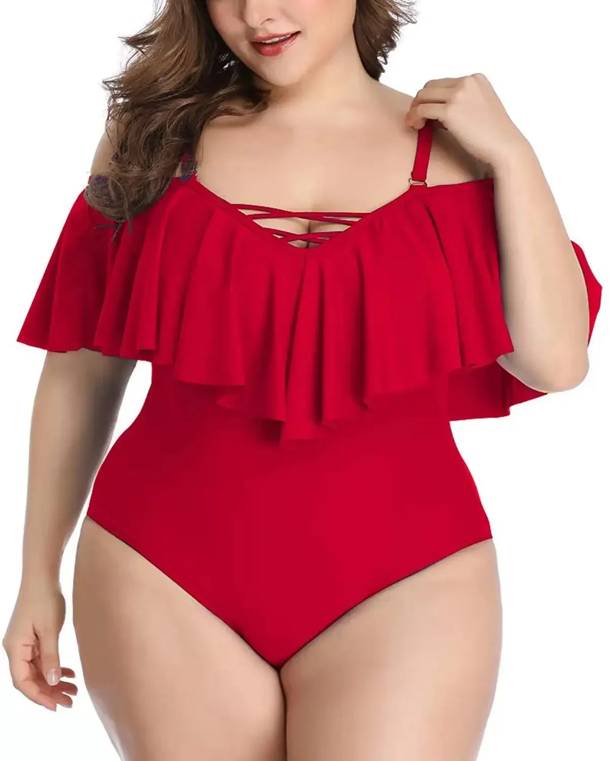 Solid Bikini Lotus Leaf Women Plus Size Swimsuit One Piece Swimwear Swimming New