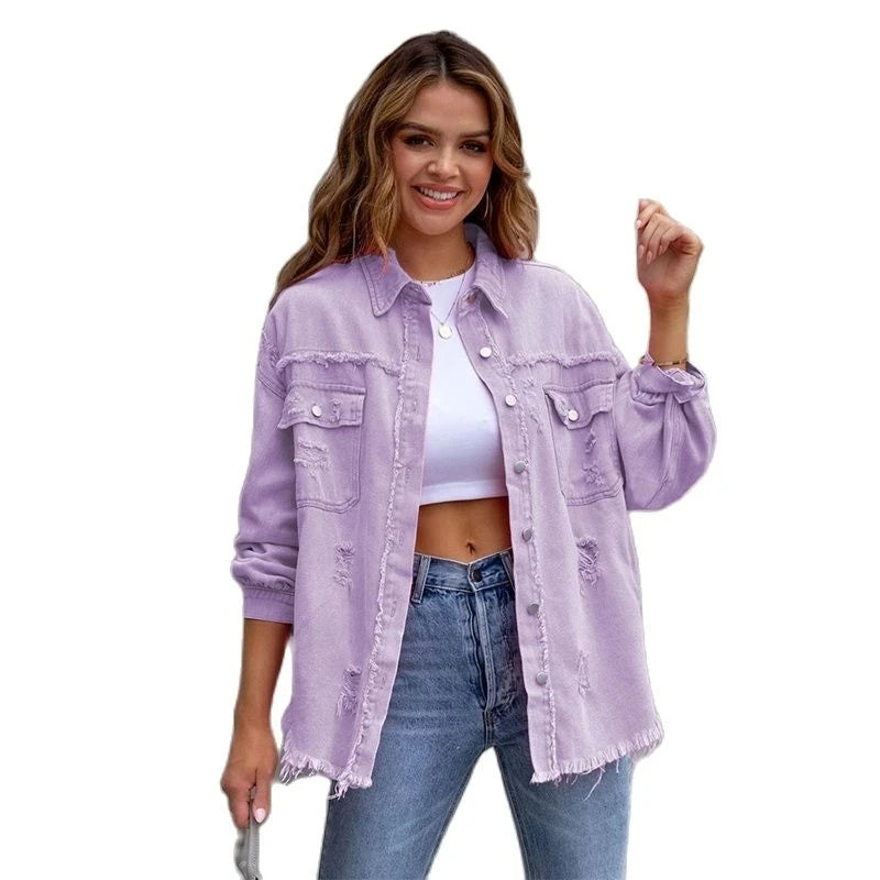 Raw-edges Denim Jacket Women Spring Autumn Shirt Style Jeans coat Casual Top Rose-Red Orange Purple Outerwear Lady Coat