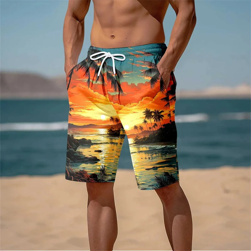 Summer New Harajuku 3D Cocoanut Trees Printing Beach Shorts Palm Tree Graphic Board Shorts For Men Hawaiian Cool Swimming Trunks