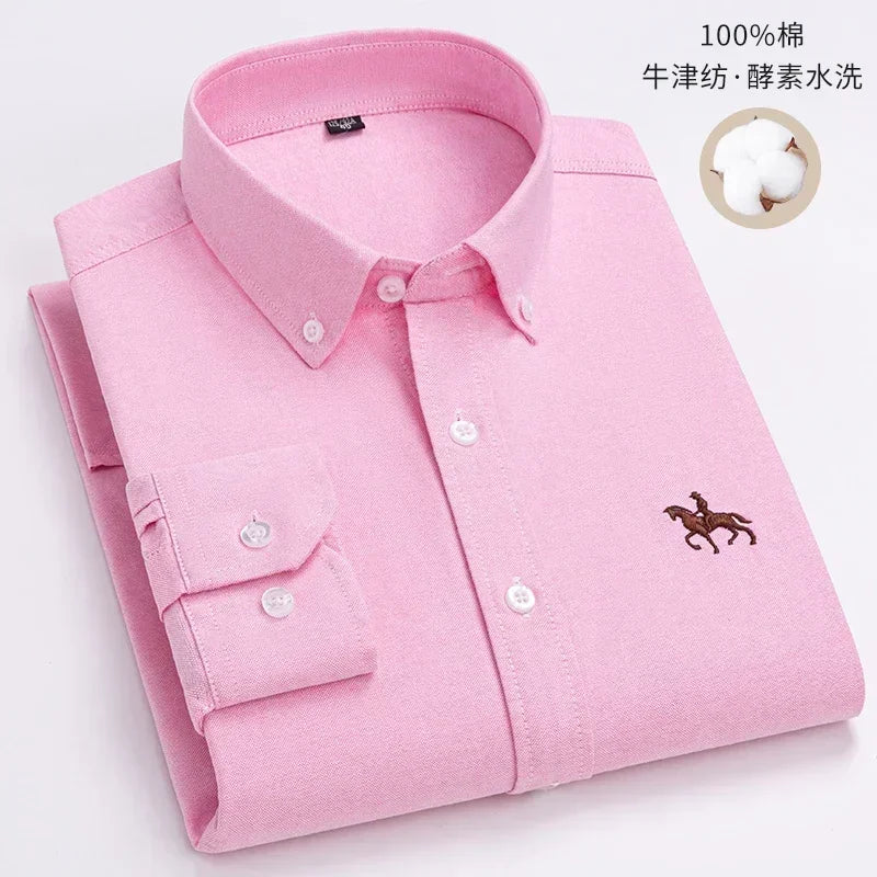 Men Cotton Oxford Long Sleeve Embroidery Horse Design Regular Fit Dress Shirt