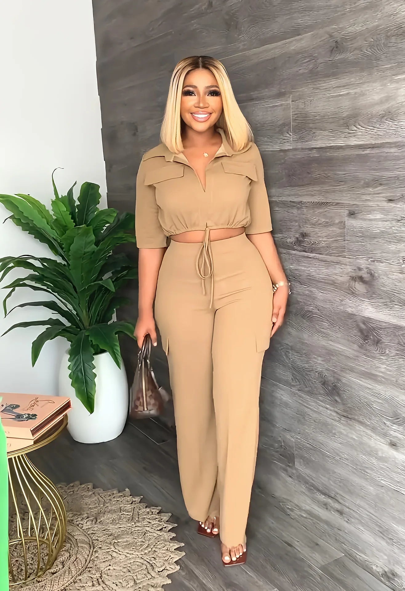 Elegant Office Women Two Piece Short Shirt + Wide Leg Trousers Set
