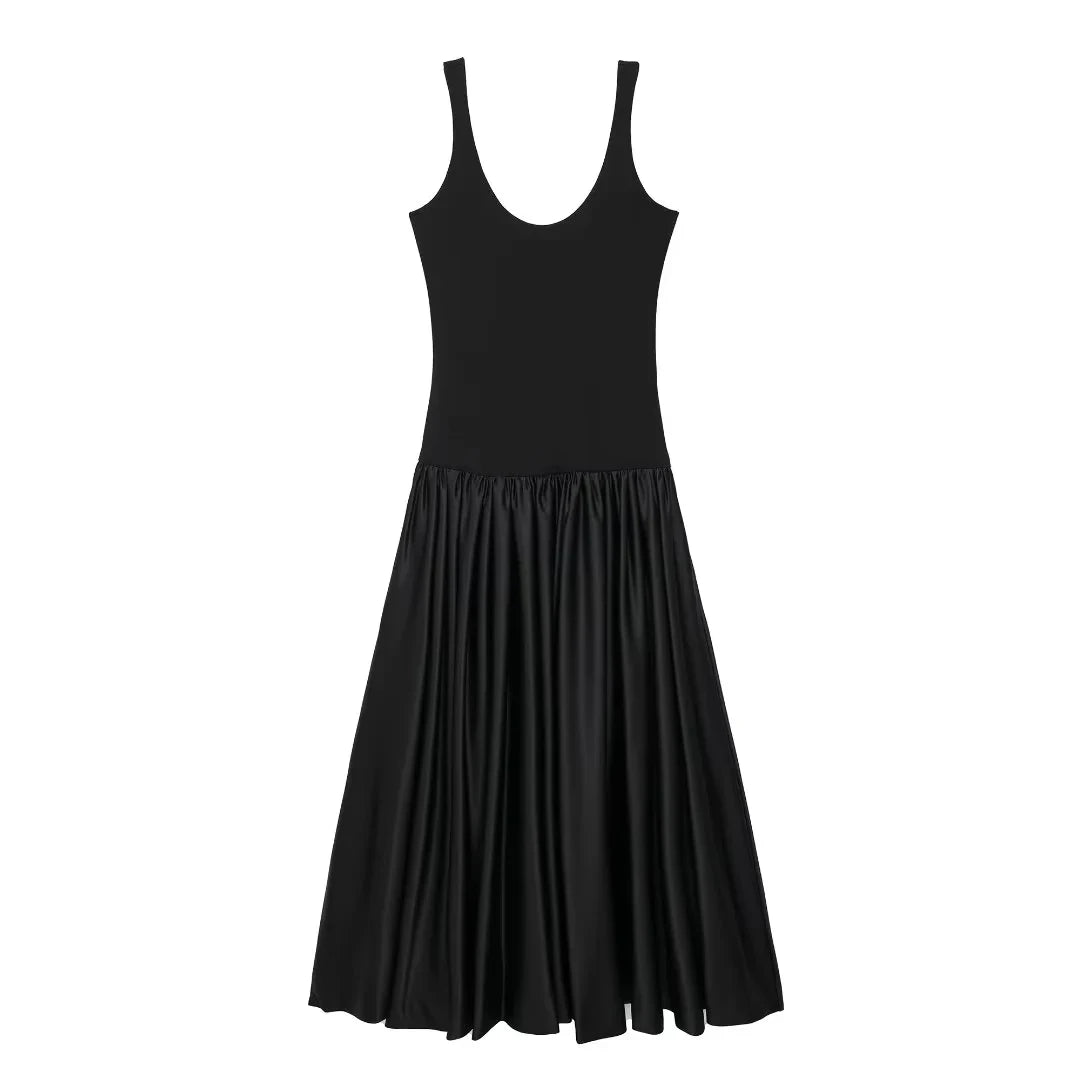TRAFZA Vintage High Quality Black Patchwork Party Dress Women V Neck Ruffles Cami Chic Dress Fashion 2025 Evening Club Dress