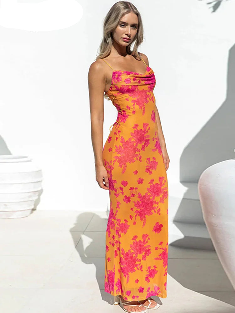 Floral Sleeveless Maxi Dress Backless Swinging Collar Summer Women Clothes