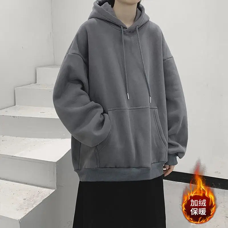 Dark Grey Hoodie Men Sweatshirt Autumn Winter Clothes Pure Color Y2k Pullover Top Boy Version Trend Loose Fleece Coat Oversized