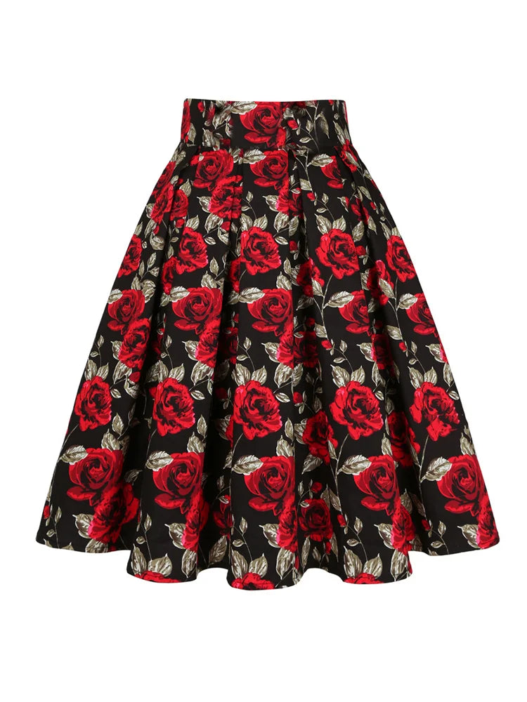 Summer French Style Women Short Vintage Pleated High Waist Floral Print Jupe Longo Elegant Ladies Office 50s Midi Tunic Skirts