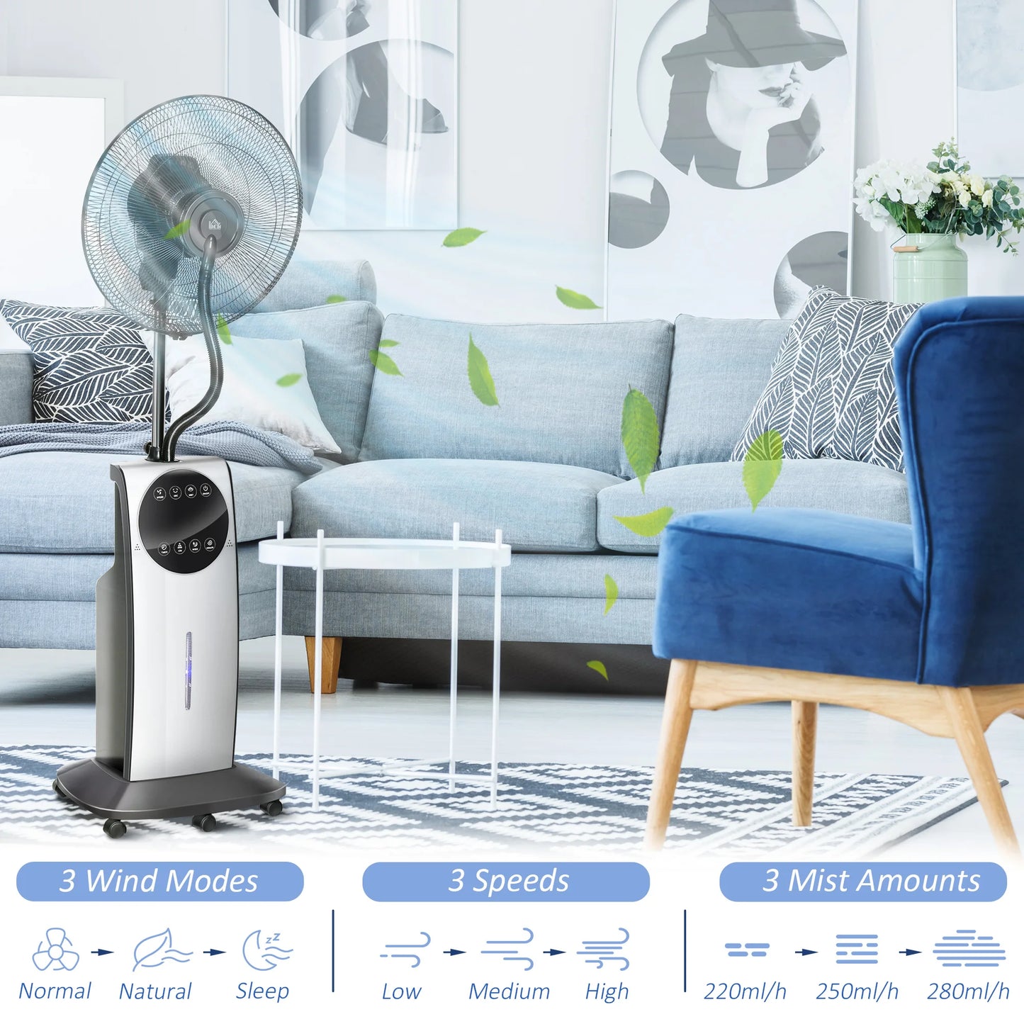 HOMCOM 16" Pedestal Fan with Water Mist Spray Standing Fan, 3.1L Tank Black