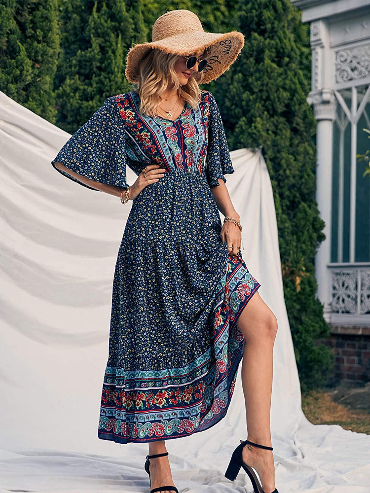Boho Retro Printed Long Beach Dress Summer Women Flare Short Sleeve V Neck Summer A-Line Dress 2022 Party Elegant Dress